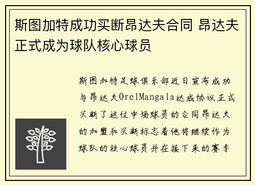 斯图加特成功买断昂达夫合同 昂达夫正式成为球队核心球员 斯图加特成功买断昂达夫合同 昂达夫正式成为球队核心球员